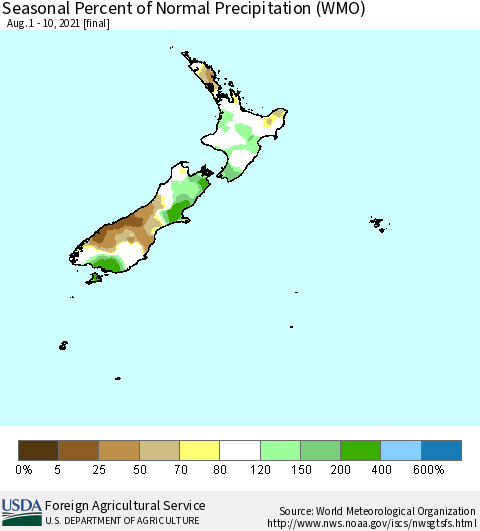 New Zealand Seasonal Percent of Normal Precipitation (WMO) Thematic Map For 8/1/2021 - 8/10/2021