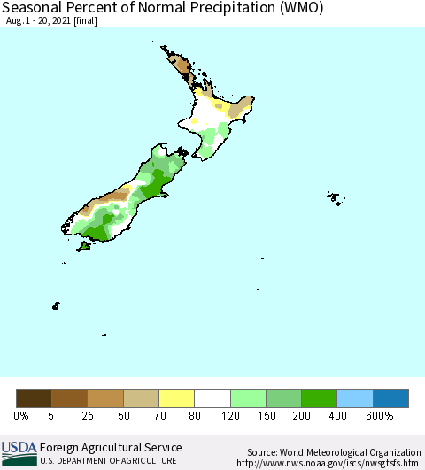 New Zealand Seasonal Percent of Normal Precipitation (WMO) Thematic Map For 8/1/2021 - 8/20/2021