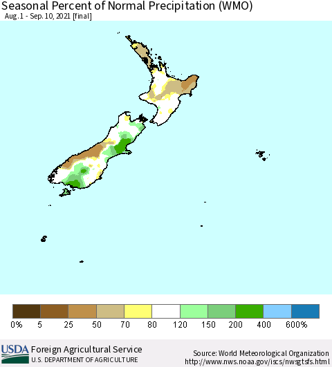 New Zealand Seasonal Percent of Normal Precipitation (WMO) Thematic Map For 8/1/2021 - 9/10/2021