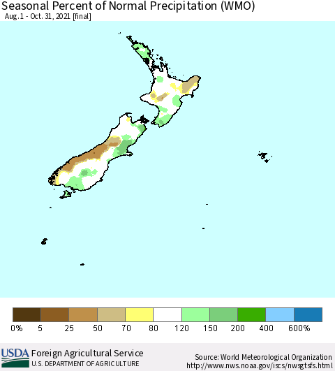 New Zealand Seasonal Percent of Normal Precipitation (WMO) Thematic Map For 8/1/2021 - 10/31/2021