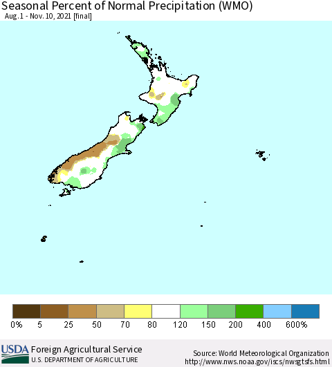 New Zealand Seasonal Percent of Normal Precipitation (WMO) Thematic Map For 8/1/2021 - 11/10/2021