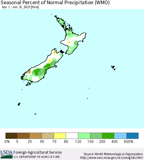 New Zealand Seasonal Percent of Normal Precipitation (WMO) Thematic Map For 4/1/2022 - 1/31/2023