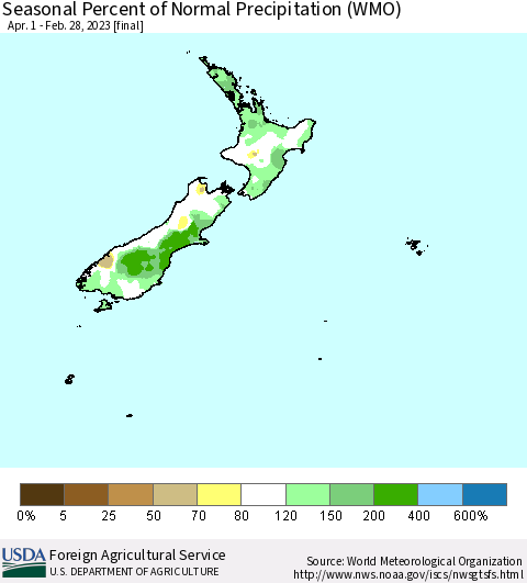 New Zealand Seasonal Percent of Normal Precipitation (WMO) Thematic Map For 4/1/2022 - 2/28/2023