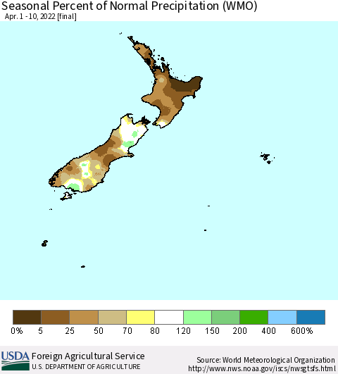 New Zealand Seasonal Percent of Normal Precipitation (WMO) Thematic Map For 4/1/2022 - 4/10/2022