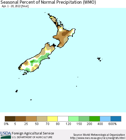 New Zealand Seasonal Percent of Normal Precipitation (WMO) Thematic Map For 4/1/2022 - 4/20/2022