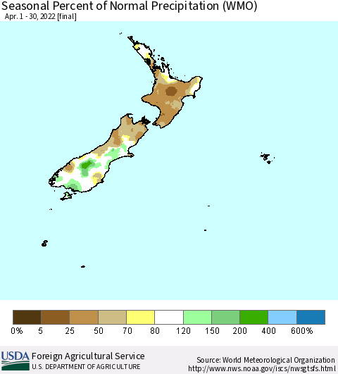 New Zealand Seasonal Percent of Normal Precipitation (WMO) Thematic Map For 4/1/2022 - 4/30/2022