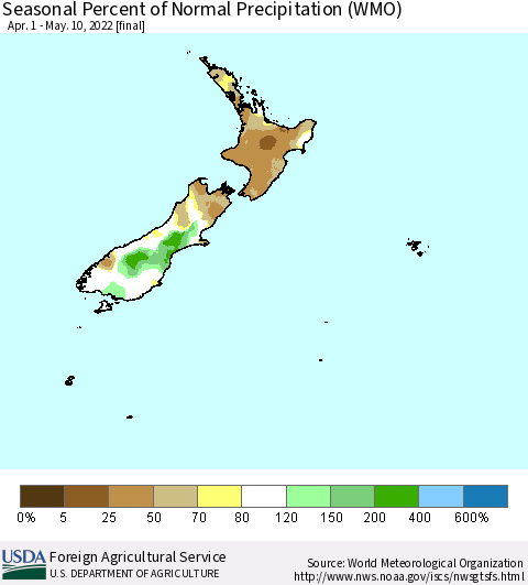 New Zealand Seasonal Percent of Normal Precipitation (WMO) Thematic Map For 4/1/2022 - 5/10/2022