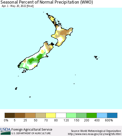 New Zealand Seasonal Percent of Normal Precipitation (WMO) Thematic Map For 4/1/2022 - 5/20/2022