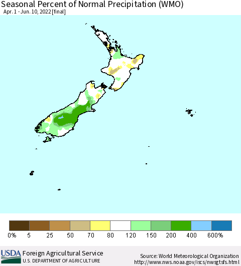 New Zealand Seasonal Percent of Normal Precipitation (WMO) Thematic Map For 4/1/2022 - 6/10/2022