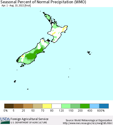New Zealand Seasonal Percent of Normal Precipitation (WMO) Thematic Map For 4/1/2022 - 8/10/2022