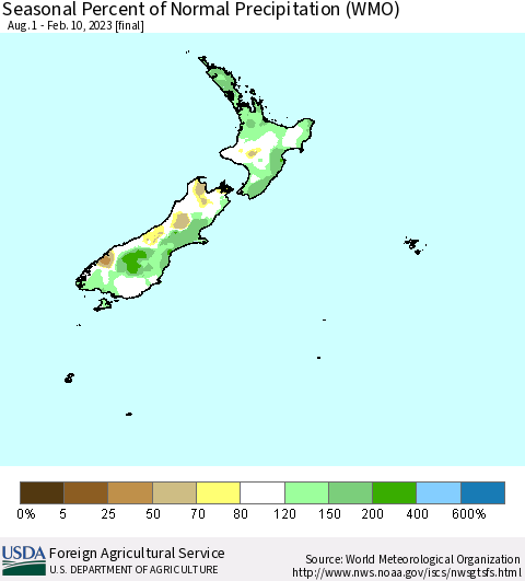New Zealand Seasonal Percent of Normal Precipitation (WMO) Thematic Map For 8/1/2022 - 2/10/2023