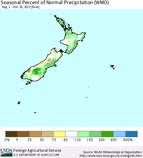 New Zealand Seasonal Percent of Normal Precipitation (WMO) Thematic Map For 8/1/2022 - 2/20/2023
