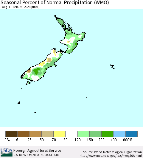 New Zealand Seasonal Percent of Normal Precipitation (WMO) Thematic Map For 8/1/2022 - 2/28/2023