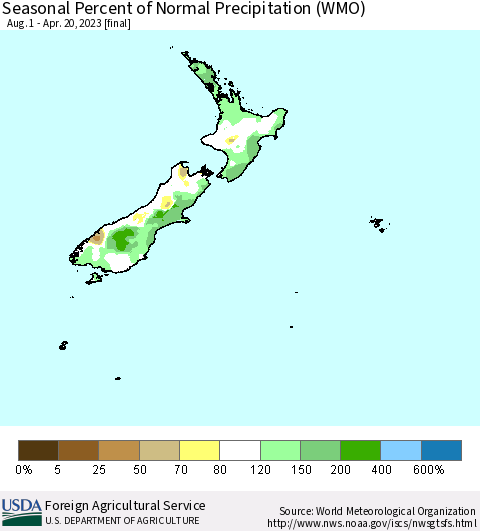 New Zealand Seasonal Percent of Normal Precipitation (WMO) Thematic Map For 8/1/2022 - 4/20/2023
