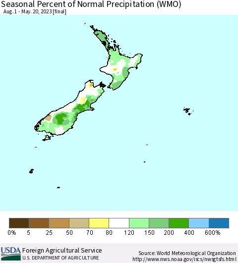 New Zealand Seasonal Percent of Normal Precipitation (WMO) Thematic Map For 8/1/2022 - 5/20/2023