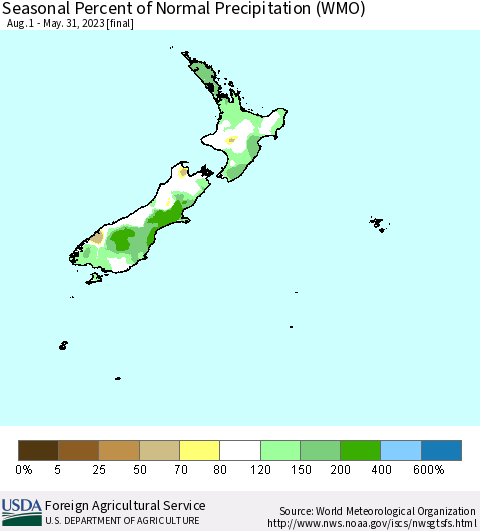 New Zealand Seasonal Percent of Normal Precipitation (WMO) Thematic Map For 8/1/2022 - 5/31/2023