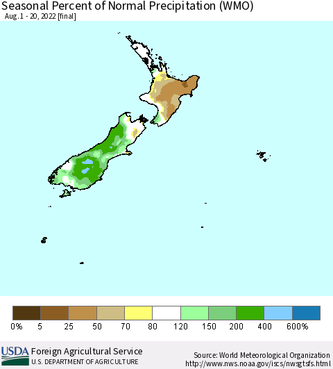 New Zealand Seasonal Percent of Normal Precipitation (WMO) Thematic Map For 8/1/2022 - 8/20/2022