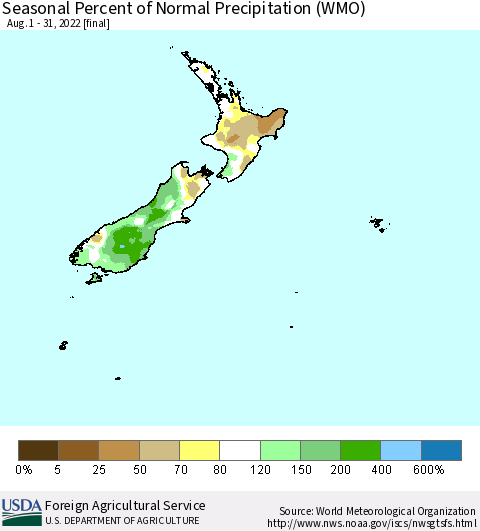 New Zealand Seasonal Percent of Normal Precipitation (WMO) Thematic Map For 8/1/2022 - 8/31/2022