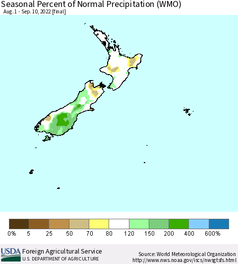 New Zealand Seasonal Percent of Normal Precipitation (WMO) Thematic Map For 8/1/2022 - 9/10/2022