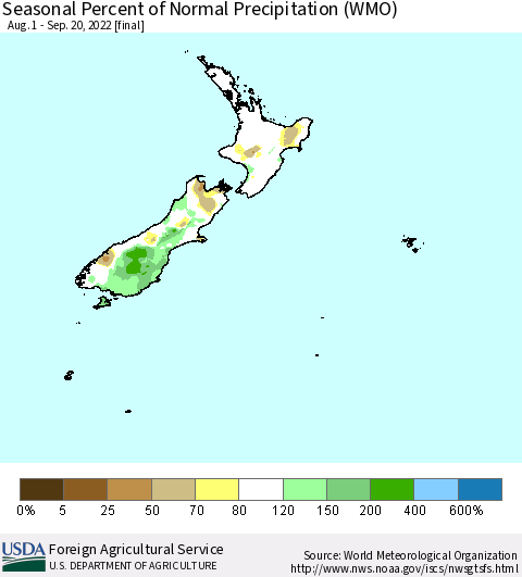 New Zealand Seasonal Percent of Normal Precipitation (WMO) Thematic Map For 8/1/2022 - 9/20/2022