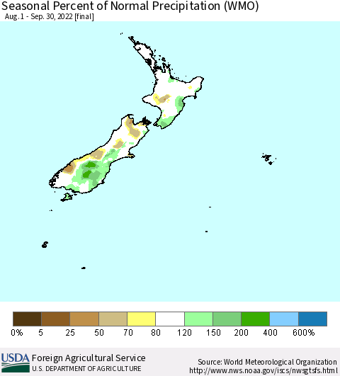 New Zealand Seasonal Percent of Normal Precipitation (WMO) Thematic Map For 8/1/2022 - 9/30/2022