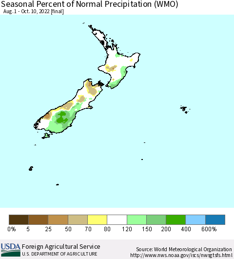 New Zealand Seasonal Percent of Normal Precipitation (WMO) Thematic Map For 8/1/2022 - 10/10/2022