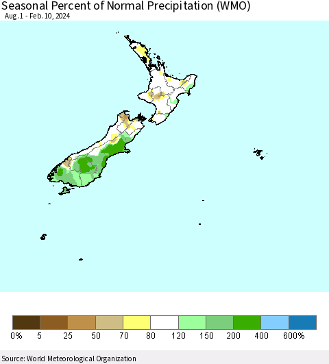 New Zealand Seasonal Percent of Normal Precipitation (WMO) Thematic Map For 8/1/2023 - 2/10/2024