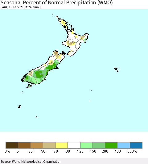 New Zealand Seasonal Percent of Normal Precipitation (WMO) Thematic Map For 8/1/2023 - 2/29/2024