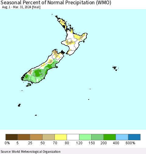 New Zealand Seasonal Percent of Normal Precipitation (WMO) Thematic Map For 8/1/2023 - 3/31/2024