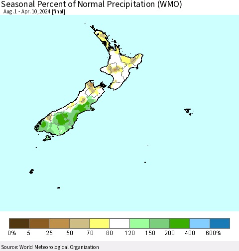 New Zealand Seasonal Percent of Normal Precipitation (WMO) Thematic Map For 8/1/2023 - 4/10/2024