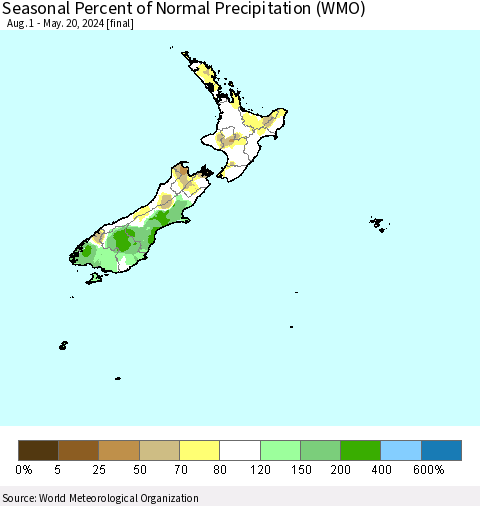 New Zealand Seasonal Percent of Normal Precipitation (WMO) Thematic Map For 8/1/2023 - 5/20/2024