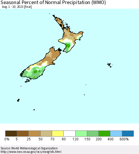 New Zealand Seasonal Percent of Normal Precipitation (WMO) Thematic Map For 8/1/2023 - 8/10/2023