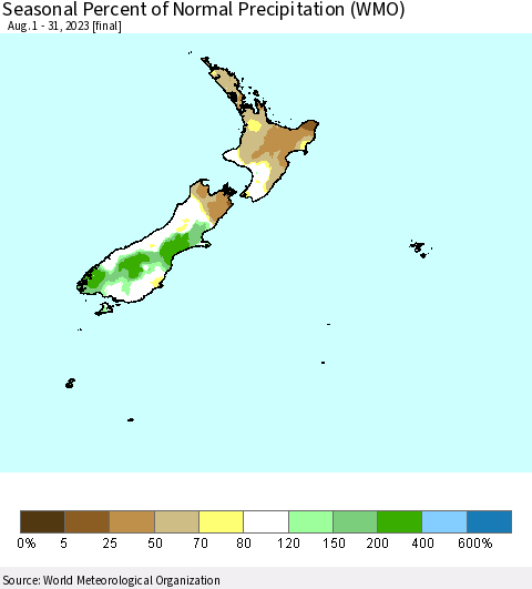New Zealand Seasonal Percent of Normal Precipitation (WMO) Thematic Map For 8/1/2023 - 8/31/2023