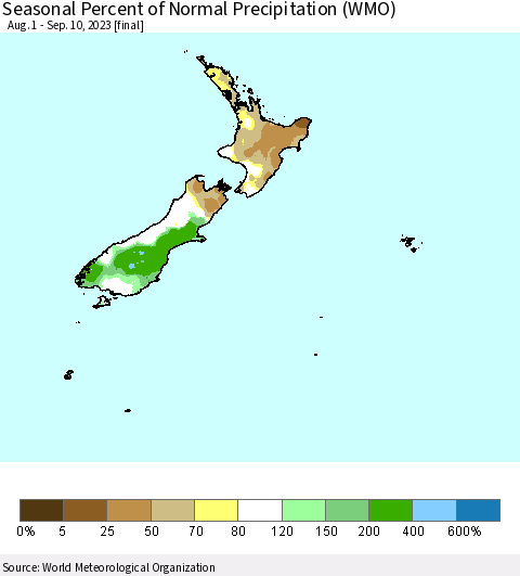 New Zealand Seasonal Percent of Normal Precipitation (WMO) Thematic Map For 8/1/2023 - 9/10/2023