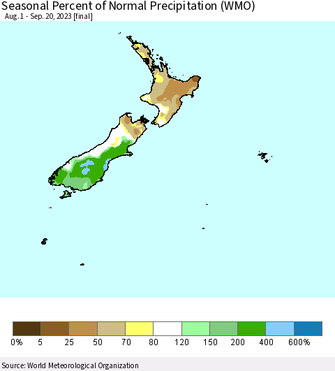 New Zealand Seasonal Percent of Normal Precipitation (WMO) Thematic Map For 8/1/2023 - 9/20/2023