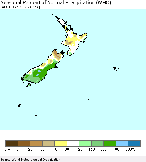 New Zealand Seasonal Percent of Normal Precipitation (WMO) Thematic Map For 8/1/2023 - 10/31/2023