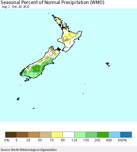 New Zealand Seasonal Percent of Normal Precipitation (WMO) Thematic Map For 8/1/2023 - 12/20/2023