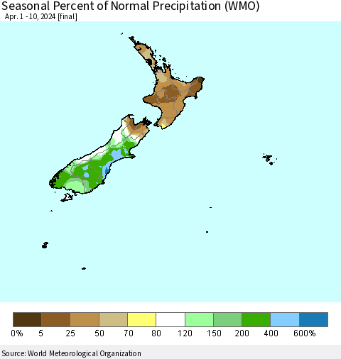 New Zealand Seasonal Percent of Normal Precipitation (WMO) Thematic Map For 4/1/2024 - 4/10/2024