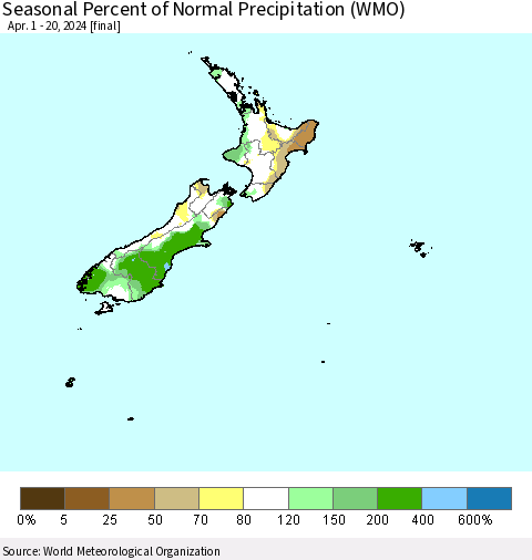 New Zealand Seasonal Percent of Normal Precipitation (WMO) Thematic Map For 4/1/2024 - 4/20/2024