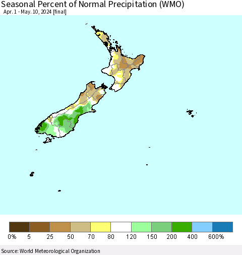 New Zealand Seasonal Percent of Normal Precipitation (WMO) Thematic Map For 4/1/2024 - 5/10/2024