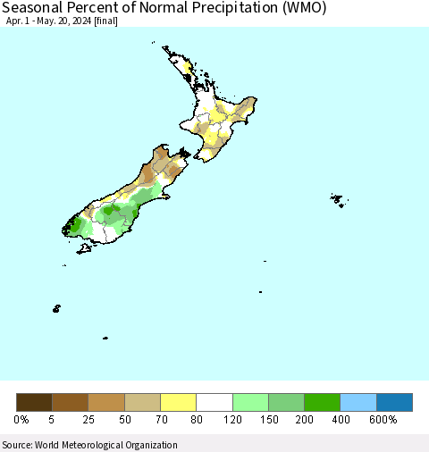 New Zealand Seasonal Percent of Normal Precipitation (WMO) Thematic Map For 4/1/2024 - 5/20/2024