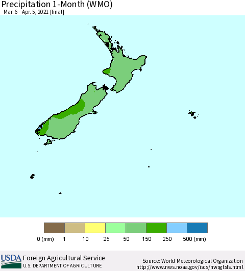 New Zealand Precipitation 1-Month (WMO) Thematic Map For 3/6/2021 - 4/5/2021