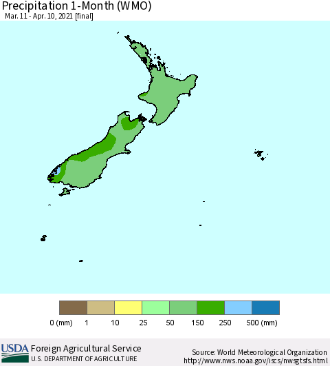 New Zealand Precipitation 1-Month (WMO) Thematic Map For 3/11/2021 - 4/10/2021