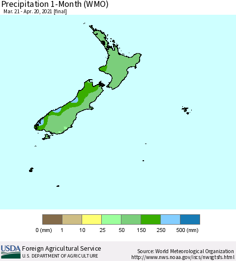 New Zealand Precipitation 1-Month (WMO) Thematic Map For 3/21/2021 - 4/20/2021