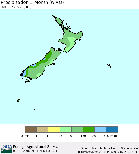 New Zealand Precipitation 1-Month (WMO) Thematic Map For 4/1/2021 - 4/30/2021