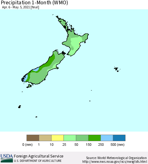 New Zealand Precipitation 1-Month (WMO) Thematic Map For 4/6/2021 - 5/5/2021