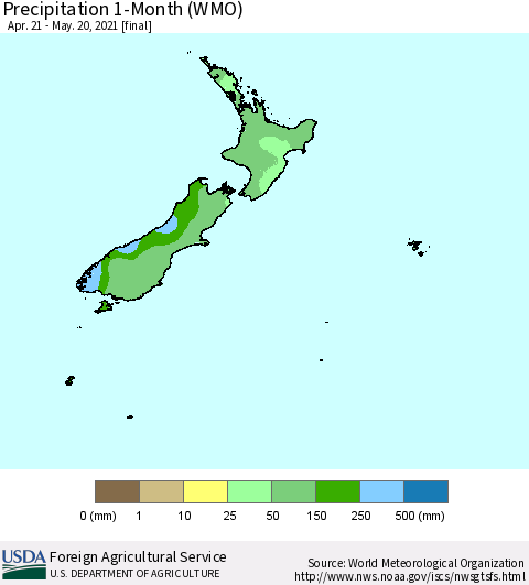 New Zealand Precipitation 1-Month (WMO) Thematic Map For 4/21/2021 - 5/20/2021