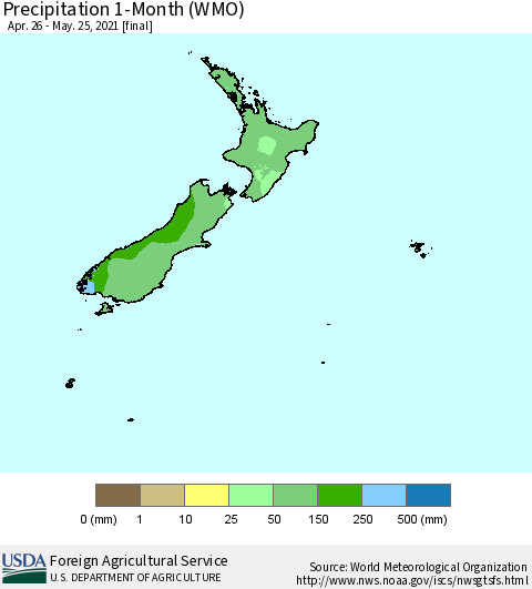 New Zealand Precipitation 1-Month (WMO) Thematic Map For 4/26/2021 - 5/25/2021