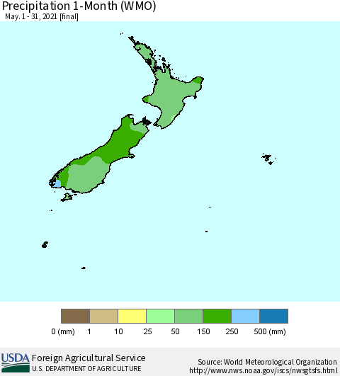 New Zealand Precipitation 1-Month (WMO) Thematic Map For 5/1/2021 - 5/31/2021
