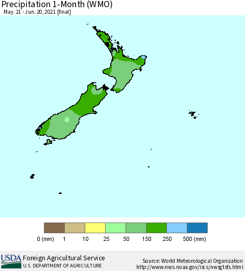 New Zealand Precipitation 1-Month (WMO) Thematic Map For 5/21/2021 - 6/20/2021